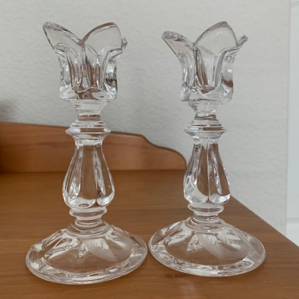1988 Lead Crystal Candlestick Holders Flower Top